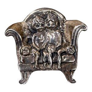 Vintage EFS Sterling Silver Pin Cherub Children Sofa Chair Angel Brooch 925 1.5"